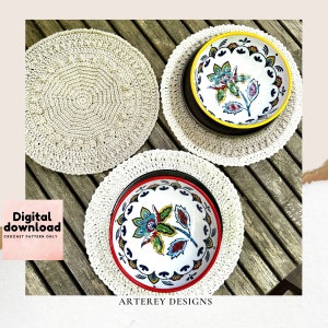 大きな質感のあるボヘミアンスタイルのコットンプレースマットのかぎ針編みパターン、ボヘミアンスタイルのホームデコレーション、即時ダウンロード、ステップバイステップの即時PDF、米国の利用規約は簡単
