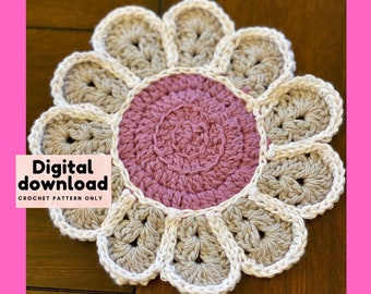 vintage floral potholder crochet pattern, handmade trivet PDF instant download, step by step pattern pictures, flower spring mother's day