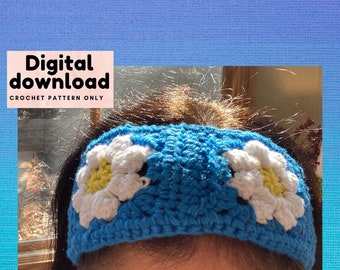 crochet pattern granny square headband daisy, stretchable headband cotton, child/adult headwear, instant download, easy to follow pattern