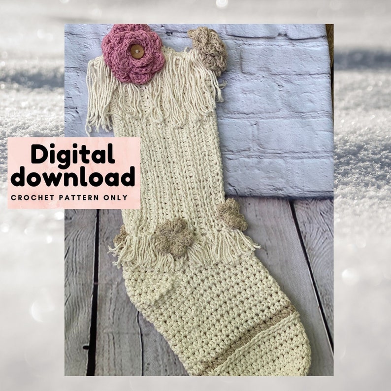 Trendy Crochet boho chic macrame Christmas Stocking Pattern with roses and flowers, instant download pdf X-mas holiday pattern, easy to read image 1