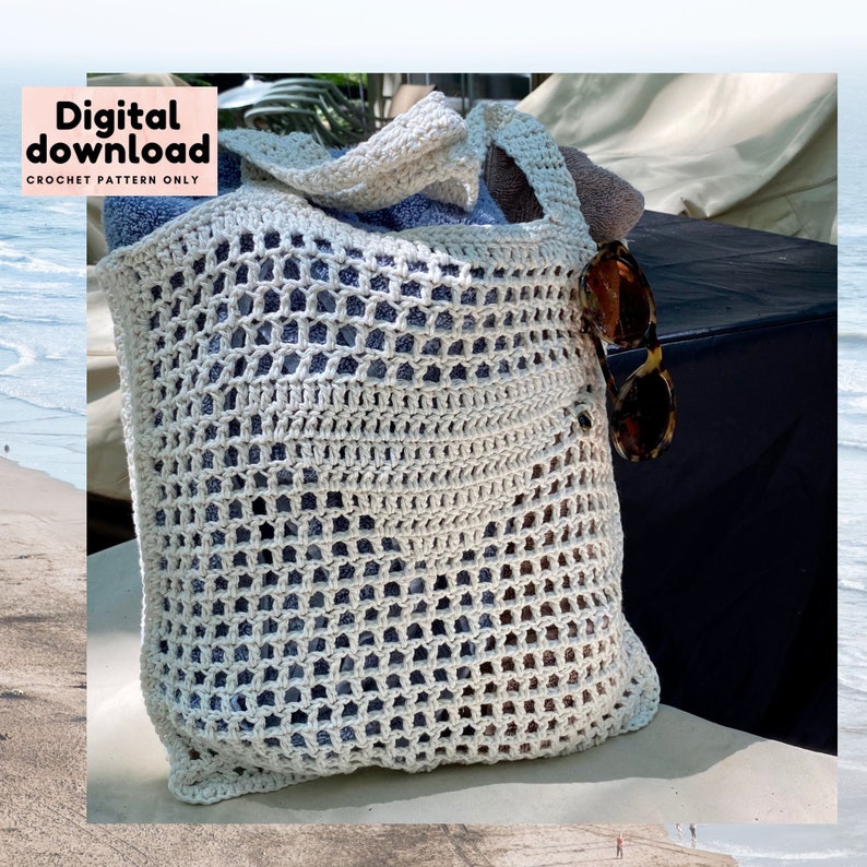 Modello all'uncinetto per borsa da spiaggia alla moda ispirata a Prada, PDF scaricabile immediatamente, uncinetto per amanti della moda, schema passo dopo passo con terminologia statunitense immagine 1