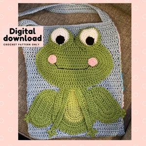 crochet pattern frog, market tote bag, instant download, US terminology, step by step with pictures, easy to follow, large frog applique