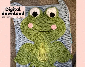 crochet pattern frog, market tote bag, instant download, US terminology, step by step with pictures, easy to follow, large frog applique