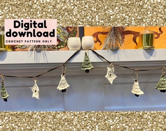 Rustic Farmhouse Boho chic Christmas and star garland crochet pattern, X'mas party favor, tree mantle decor, instant download, PDF, easy DIY