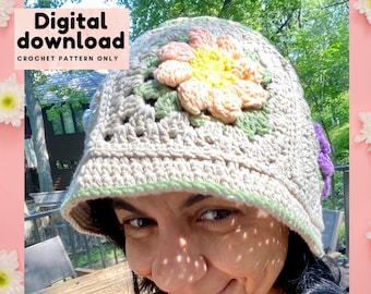 90s crochet bucket hat pattern, summer hats,  granny square 3D daisy, bucket hat for men and women, unisex bucket hats, fashion trend 2022