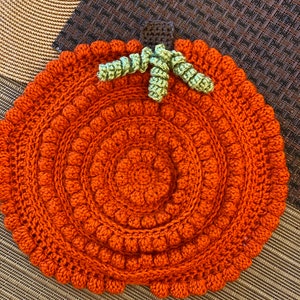 Large textured Rustic farmhouse handmade crochet pumpkin placemat, trivet decor placemats, autumn table safe decoration, hostess gift fall image 1