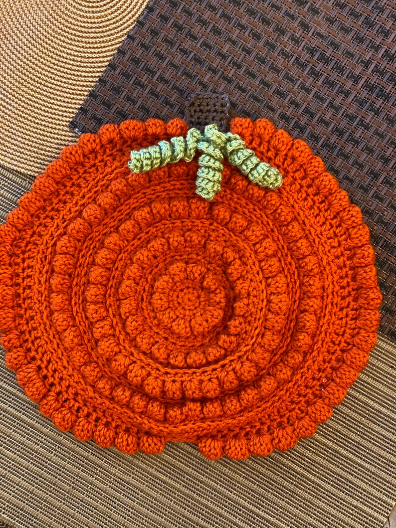 Large textured Rustic farmhouse handmade crochet pumpkin placemat, trivet decor placemats, autumn table safe decoration, hostess gift fall image 1