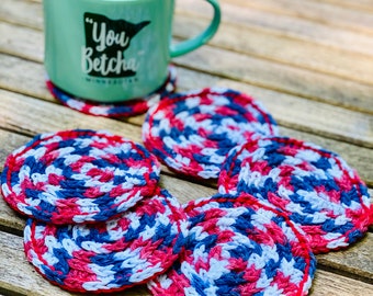 Patriotic 4th of July set of 6 crochet drink coasters, ecofriendly reusable machine washable absorbent furniture safe handmade drink coaster