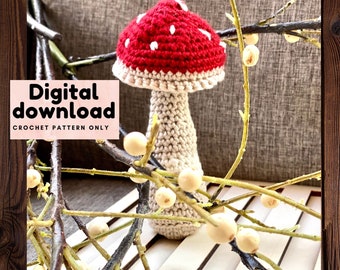 Woodland mushroom baby rattle crochet pattern, instant digital download PDF file in English US terms, step by step crochet with pictures