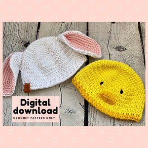 Crochet pattern cotton chick bunny and beanie hat for baby, instant download PDF, Step by step with pictures and instructions, beginner DIY