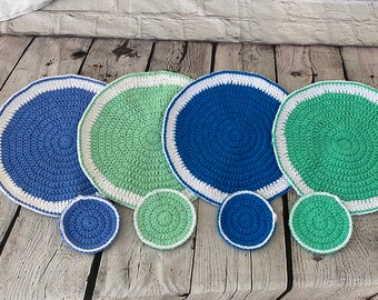 Set of 4 handmade crochet table placemats with matching coasters, spring/Easter/mother’s day table décor, blue/green ecofriendly boho chic