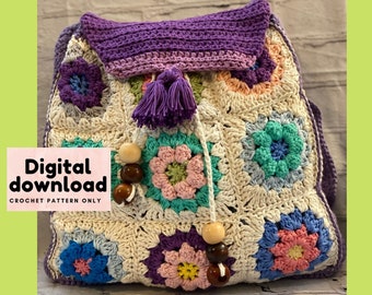 trendy granny square summer backpack bag crochet pattern, instant download PDF, US terminology, step to step pattern with pictures, DIY bag