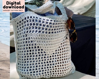 trendy beach bag crochet pattern, PDF instant download, step by step beginner pattern with pictures, farmers market boho cotton crochet bag