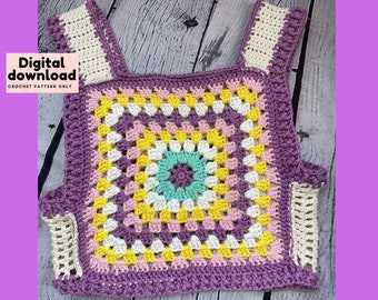 trendy granny square crochet tank top pattern, fashionable vest digital download PDF, US terminology step by step pattern with pictures