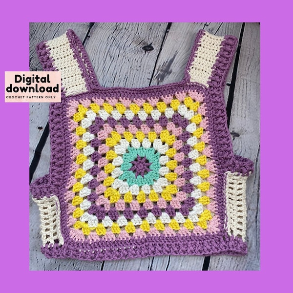 trendy granny square crochet tank top pattern, fashionable vest digital download PDF, US terminology step by step pattern with pictures