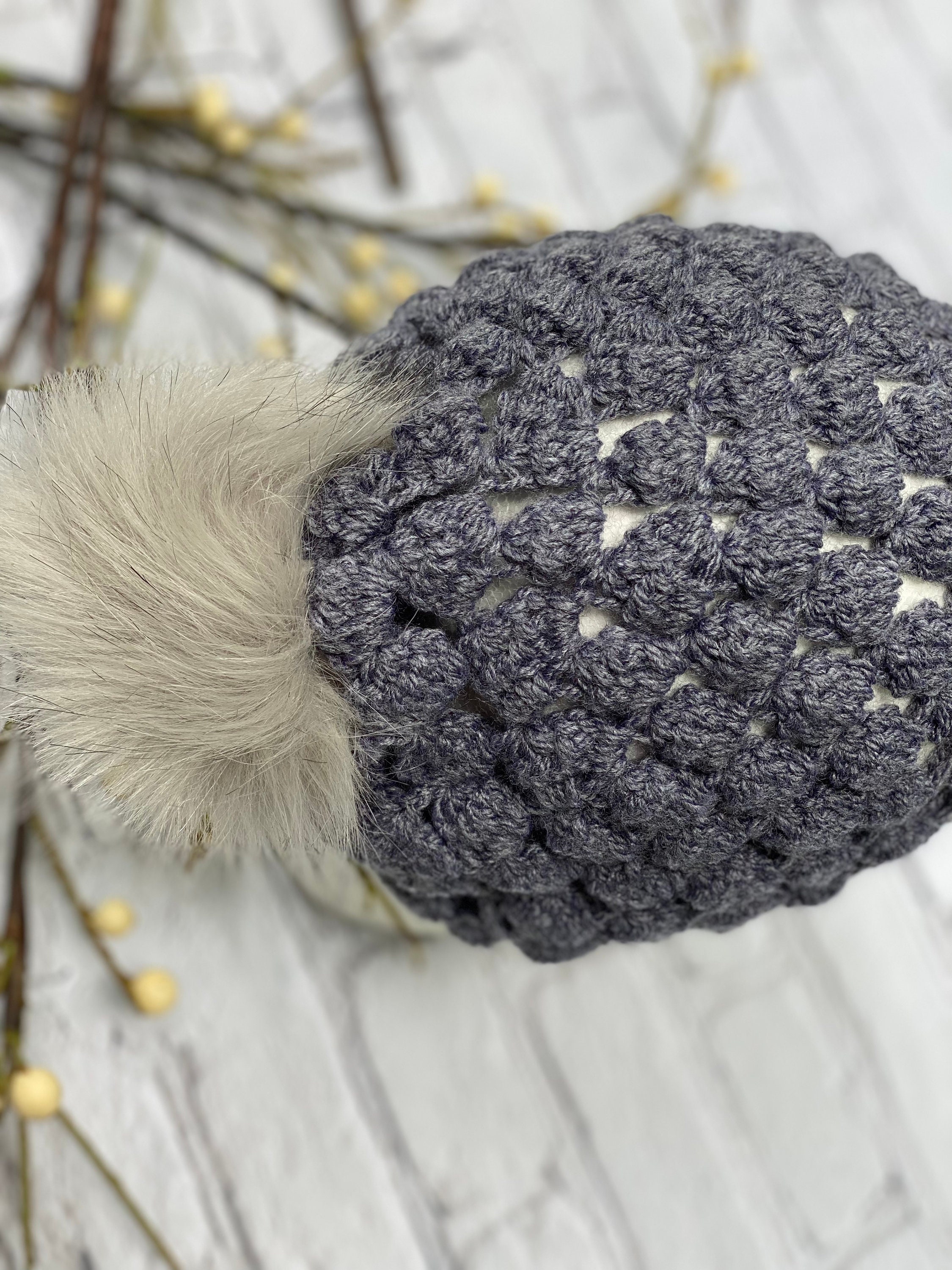 Light Puffy Grey Beanie Winter Hat, Fall Spring Crochet Hat