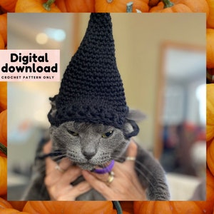 crochet pattern cat halloween costume, Witch hat for kitten, cat lover instant download PDF, step by step with pictures, Beginner crochet