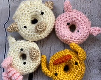 Crochet donut buddies set of 4 animals, pig/unicorn/lamb/duck animal crochet for kids, handmade play food, plushie donuts for children