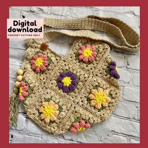 May include: A crochet bag with a beige strap and colorful flower motifs. The bag is made with a beige yarn and features a variety of colorful flowers in shades of pink, yellow, purple, and green. The bag is a digital download crochet pattern only.