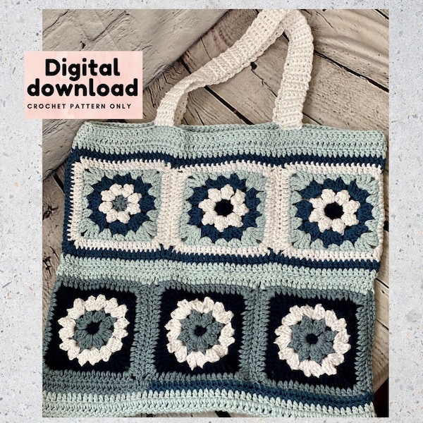 trendy granny square reusable farmers market crochet bag pattern, instant digital download, step by step pattern with pictures, PDF file