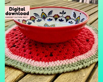 Crochet pattern granny watermelon placemats, instant download PDF table décor, summer theme placemats crochet pattern, furniture safe decor