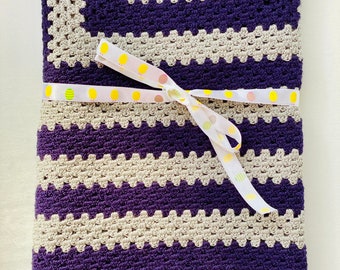 handmade crochet purple grey baby blanket afghan, soft light trendy crochet lapghan for car seat stroller or crib use, gift for baby shower