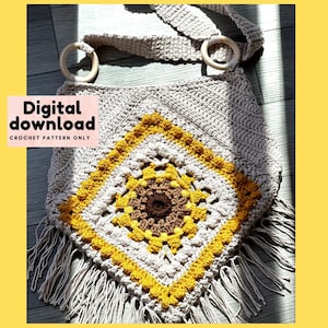Large boho sunflower granny square cross over lined bag crochet pattern, instant download, PDF US terms, step by step pattern with pictures