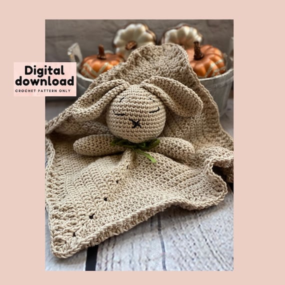 Crochet sleepy bunny lovey pattern, instant digital download PDF file in English US terms, step by step crochet pattern with pictures