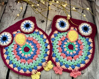 Set of 2 Fun owl granny square crochet kitchen trivets, farmhouse cotton colorful rustic, eco-friendly hot pad, table décor mat, pot holder