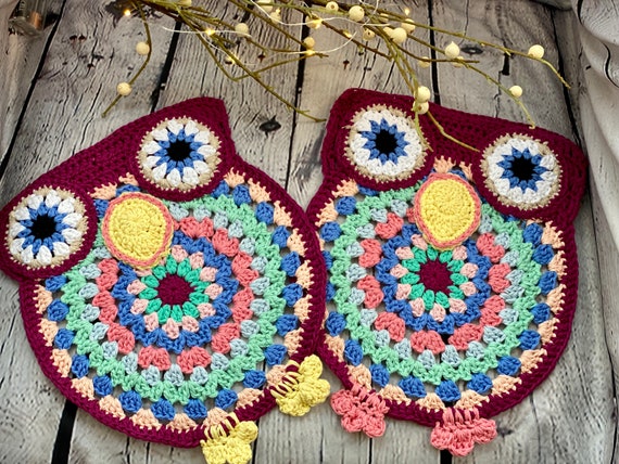 Set of 2 Fun Owl Granny Square Crochet Kitchen Trivets Etsy