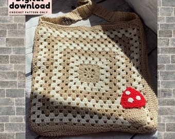 trendy large granny square market beach reusable bag with mushroom applique crochet pattern, digital download PDF, beginner US terms