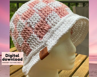 90s 70s checkered crochet bucket hat pattern, digital download PDF, Trendy summer hat US terminology step by step pattern with pictures