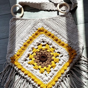 Large, beautiful, trendy granny square sunflower motif lined cross body hand made crochet bag, intricate bag fits ipad and other items, gift