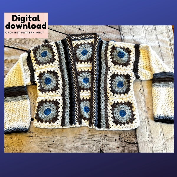 Greece inspired light cotton granny square cardigan crochet pattern, instant download PDF, step by step instructions with pictures,  sweater