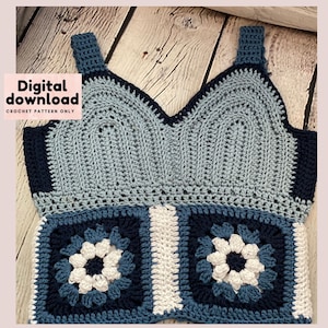 trendy granny square crop tank top crochet pattern, instant download US terminology, step by step with pictures intermediate skill, cotton