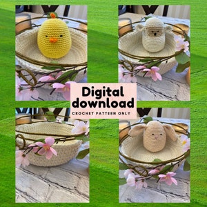 May include: Three crocheted animal toys in white baskets with pink flowers. The animals are a yellow chick, a white lamb, and a tan bunny. The text "Digital download CROCHET PATTERN ONLY" is on a pink background.