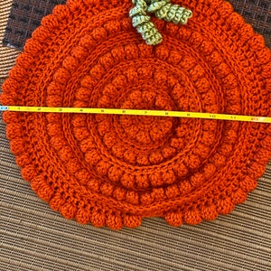 Large textured Rustic farmhouse handmade crochet pumpkin placemat, trivet decor placemats, autumn table safe decoration, hostess gift fall image 6