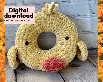 Cute chick duck large plushie donut crochet pattern, step by step PDF with pictures, instant download adorable play food for children