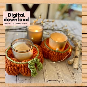 Rustic Farmhouse pumpkin candle holder crochet pattern, instant download, step by step DIY PDF with pictures, US terminology intermediate