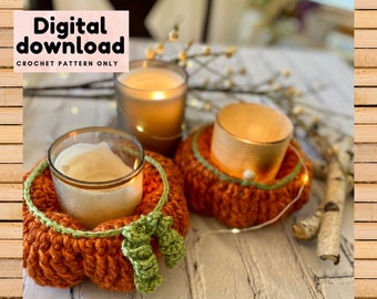 Rustic Farmhouse pumpkin candle holder crochet pattern, instant download, step by step DIY PDF with pictures, US terminology intermediate