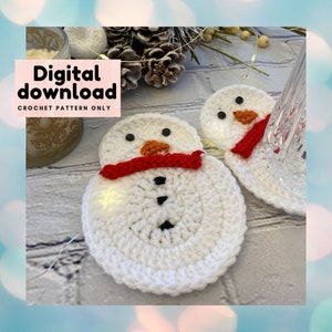 Schattige sneeuwpop onderzetters haakpatroon, sneeuw persoon tafeldecor, instant download, pdf Amerikaanse terminologie, doe-het-zelf-beginner stap voor stap, grillig