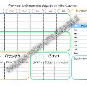 Può includere: Un modello di planner settimanale equilibrio vita-lavoro con sezioni per orari A.M. e P.M., pianificazione pasti, un tracker delle attività, una sezione per le faccende domestiche come pulizia e lavanderia e una lista della spesa.