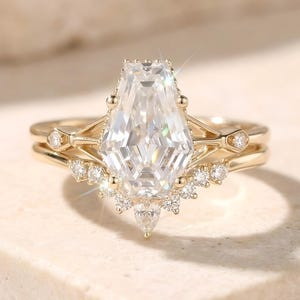 Moissanite Engagement ring set Vintage 14k Gold Coffin cut Diamond Wedding Anniversary ring