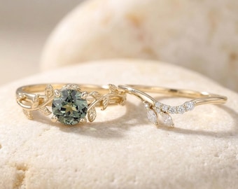 14K Gold Round Green Moissanite Wedding Set Nature Inspired Ring with Curved Diamond Band Unique Botanical Bridal Set leaf Engagement Rings