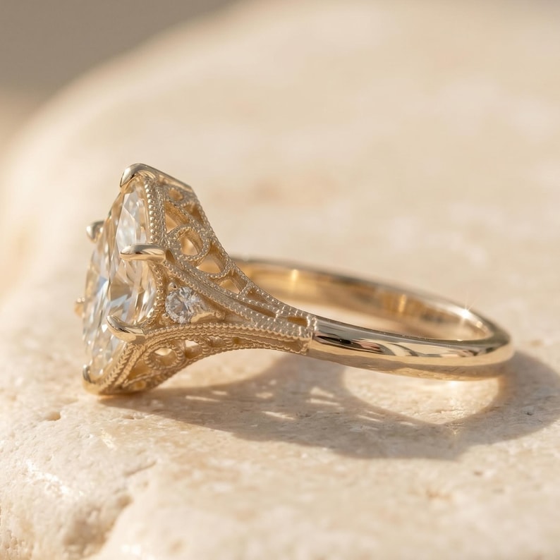 Vintage Marquise Engagement Ring Art Deco 14K Gold Milgrain Filigree ...