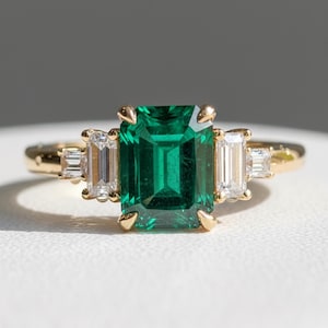 Anillo de compromiso de oro de 18 quilates con esmeralda de laboratorio y cinco diamantes baguette / Regalo para ella