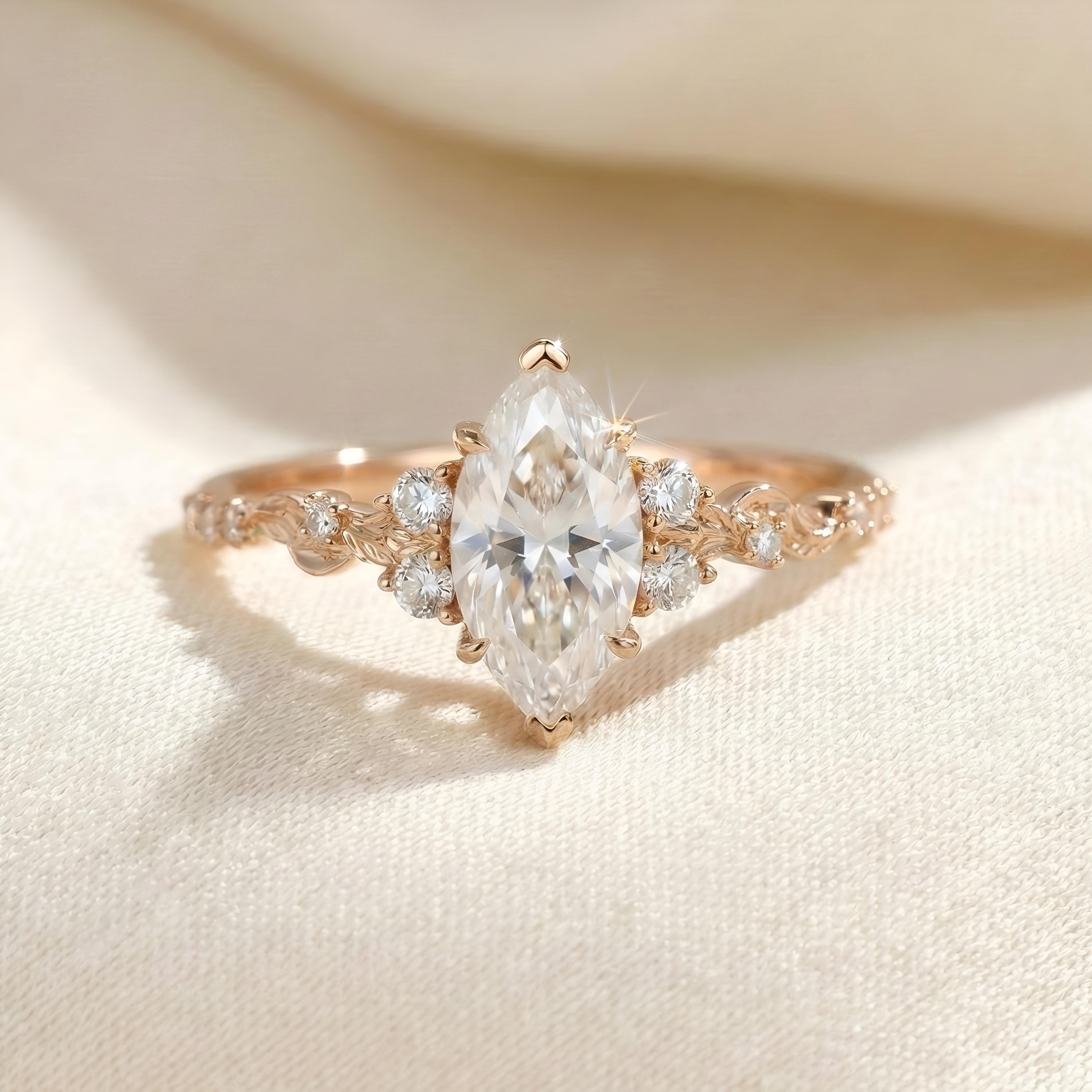 Marquise Cut Moissanite Engagement Ring, Solid Yellow Gold Leaf Band ...