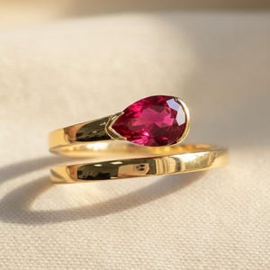 14k Gold Pear Cut Ruby Engagement Ring, Open Bypass Spiral Ring, Gift for Her