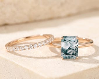 Radiant Moss Agate Engagement Ring Set Nature Inspired 14K Gold Solitaire Bridal Wedding Set Green Stone Nature Ring With Half Eternity Band