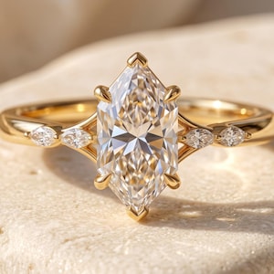 14K guld förlovningsring med split shank holländsk markis och moissanit brudring med 6 klor, vintageinspirerad ring, elegant löftering för henne